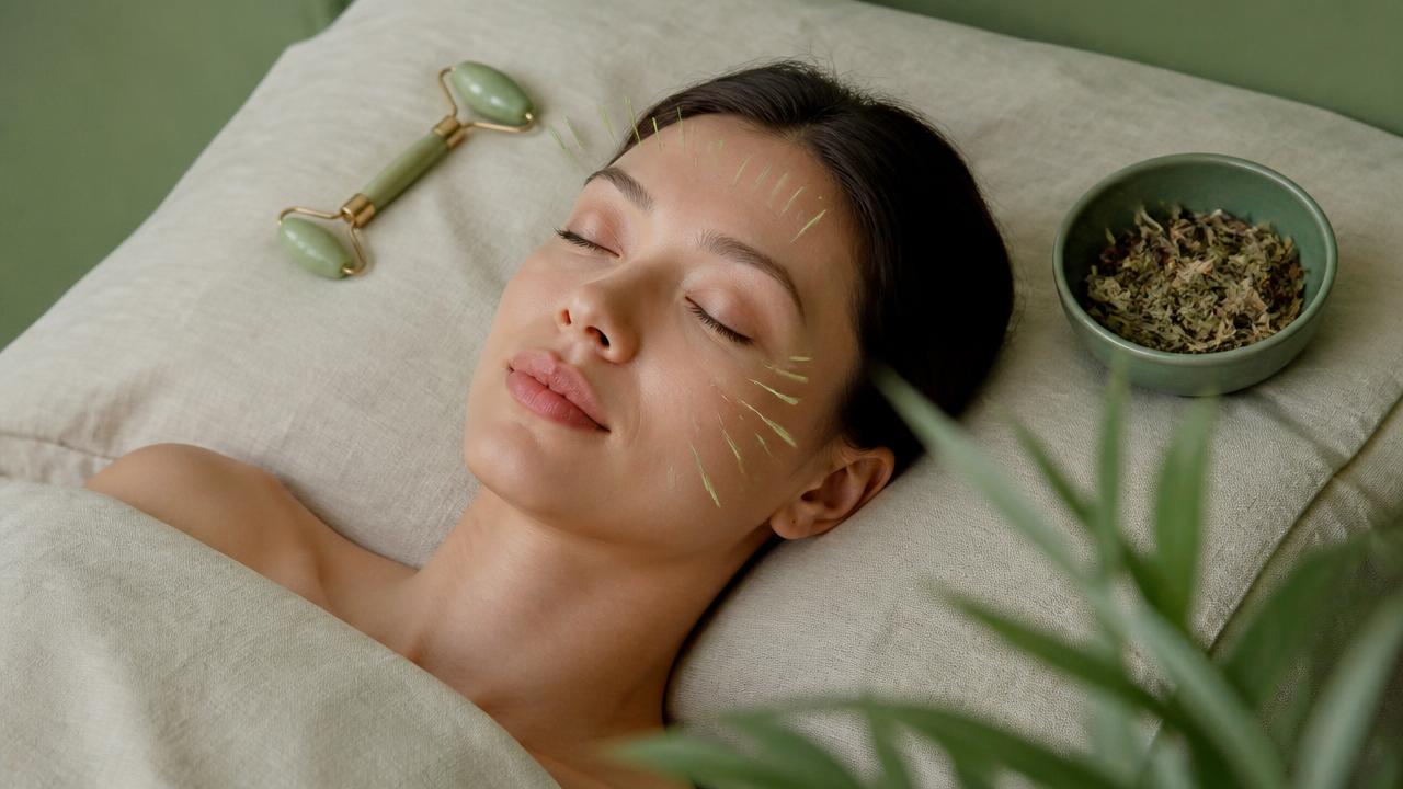 Fines aiguilles cosmétiques posées sur le visage détendu d'une femme, rouleau de jade à côté