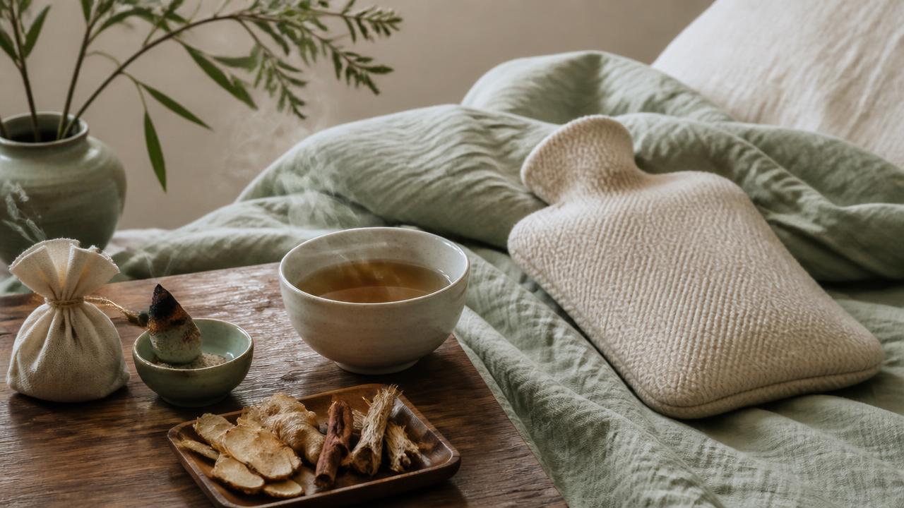 Bouillotte, tisane chaude de plantes chinoises et moxa posés près d'un plaid en lin sauge