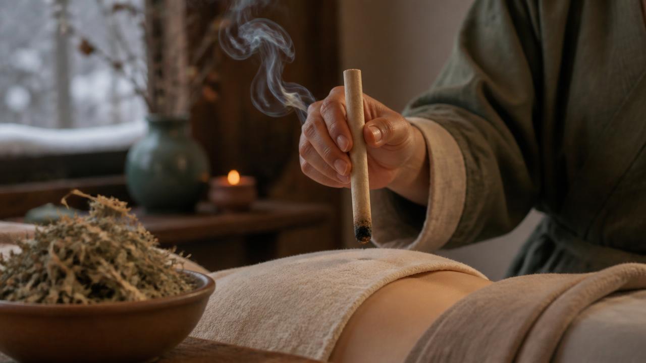 Bâtonnet de moxa d'armoise incandescent tenu au-dessus de l'abdomen pendant une séance de moxibustion