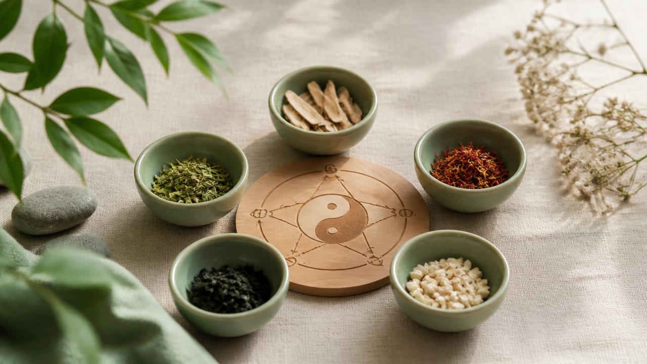 Disque de bois gravé d'un symbole Yin-Yang entouré de cinq bols de plantes chinoises
