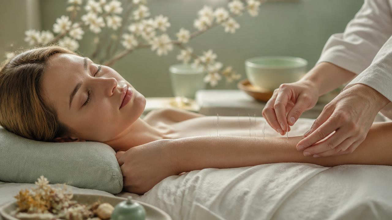 Séance d'acupuncture sur l'avant-bras d'une femme allongée dans un cabinet apaisant