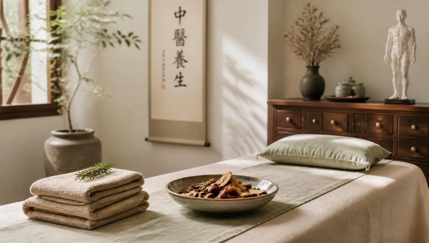 Table de soin recouverte de lin, linges chauds et bol de plantes médicinales chinoises