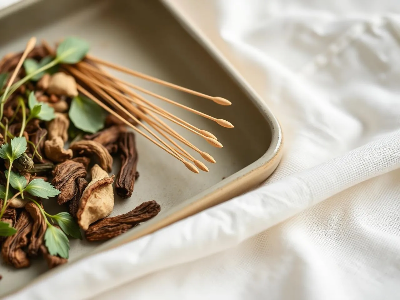 Aiguilles d'acupuncture à usage unique sur un plateau, entourées de plantes séchées