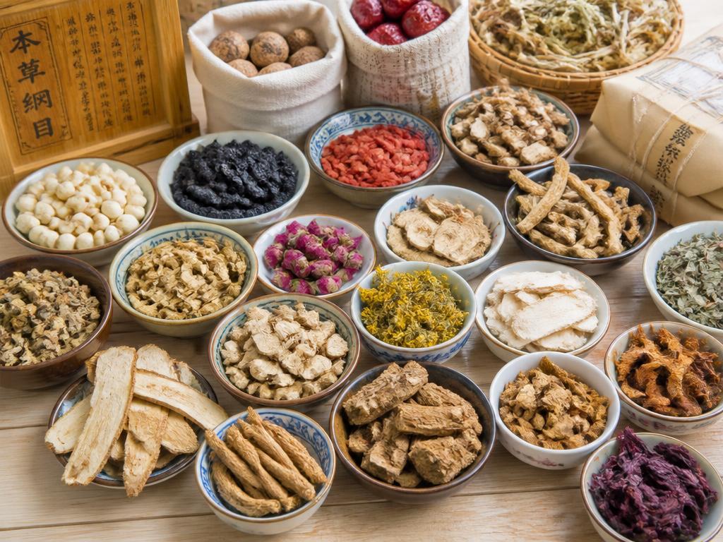 Grande variété de plantes, racines et fleurs séchées de la pharmacopée chinoise disposées en coupelles
